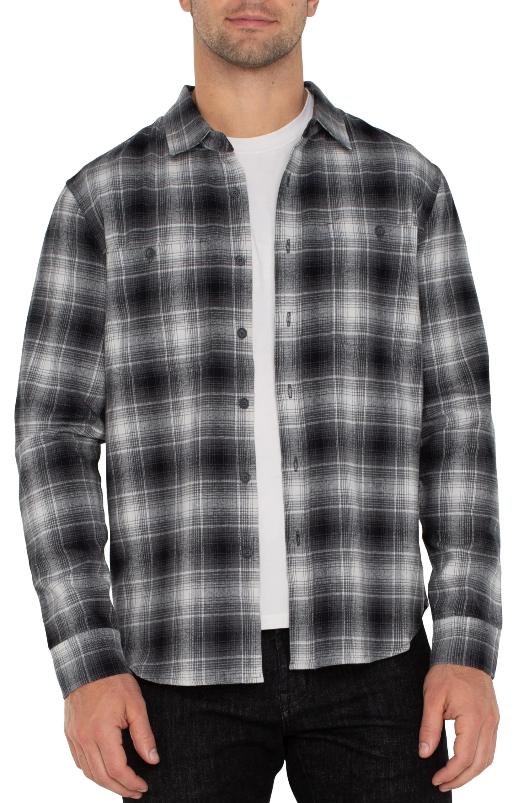 Liverpool Los Angeles Shirts-LONG SLEEVE BUTTON UP SHIRT Greyoffwhiteblack