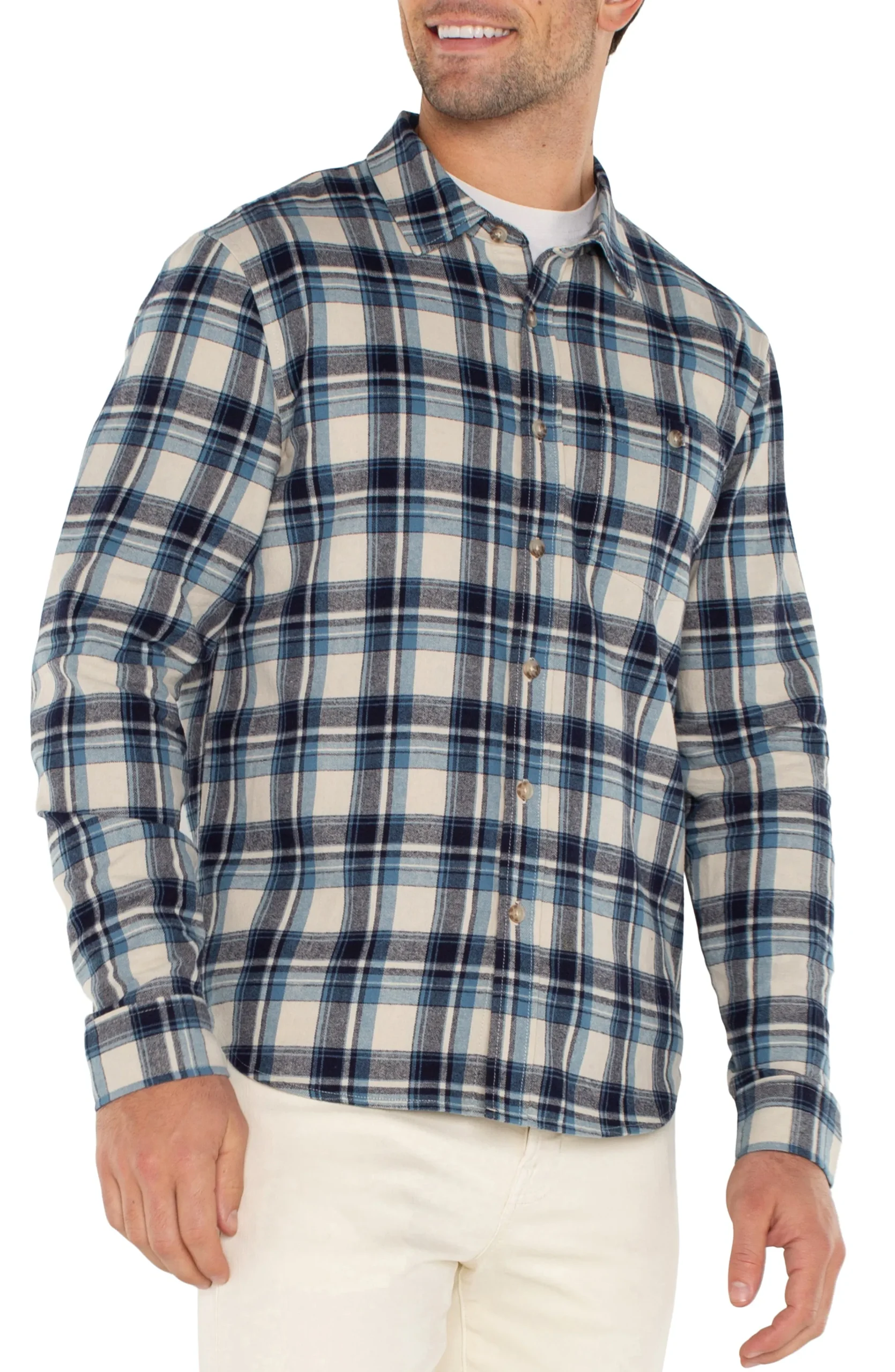 Liverpool Los Angeles Shirts-LONG SLEEVE BUTTON UP SHIRT Lighttanbluemulti
