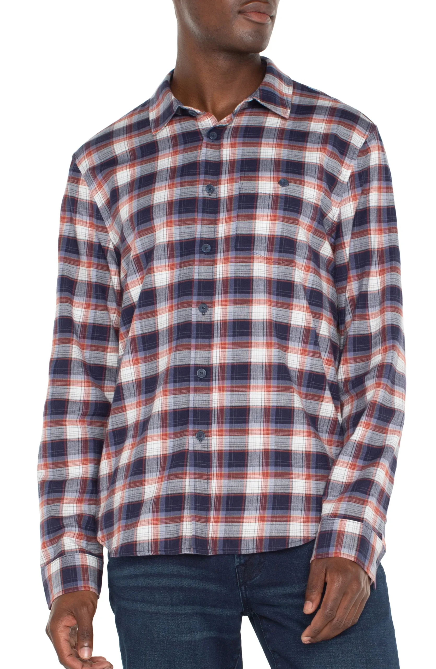 Liverpool Los Angeles Shirts-LONG SLEEVE BUTTON UP SHIRT Navyoffwhitebrick