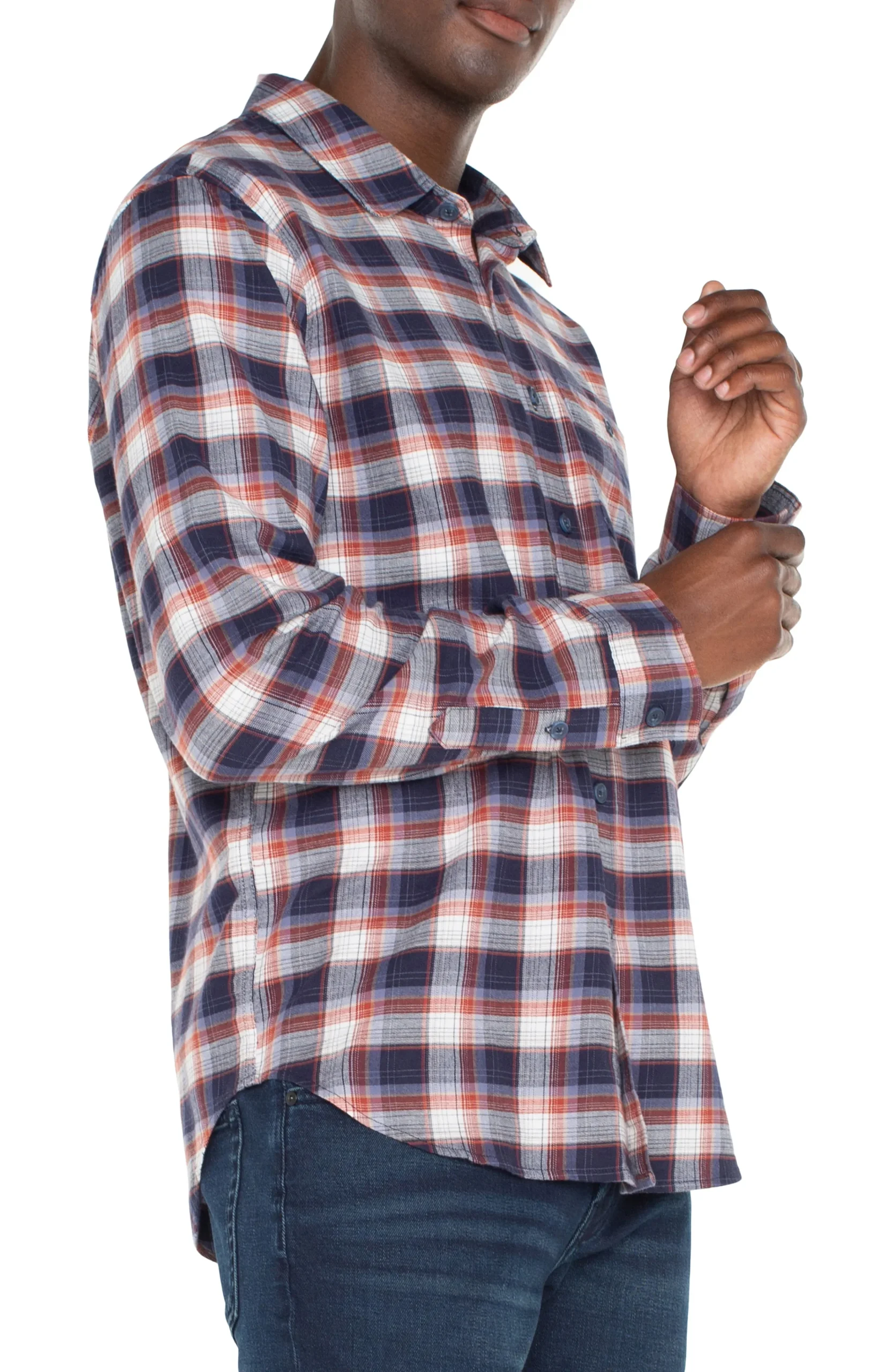 Liverpool Los Angeles Shirts-LONG SLEEVE BUTTON UP SHIRT Navyoffwhitebrick