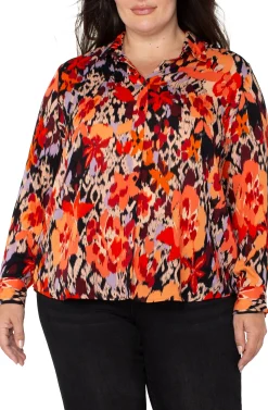 Liverpool Los Angeles Tops-LONG SLEEVE BUTTON UP WOVEN BLOUSE Burntorangefloral