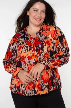 Liverpool Los Angeles Tops-LONG SLEEVE BUTTON UP WOVEN BLOUSE Burntorangefloral