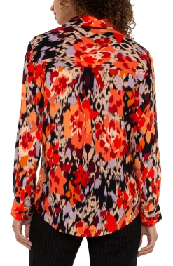 Liverpool Los Angeles Tops-LONG SLEEVE BUTTON UP WOVEN BLOUSE Burntorangefloral