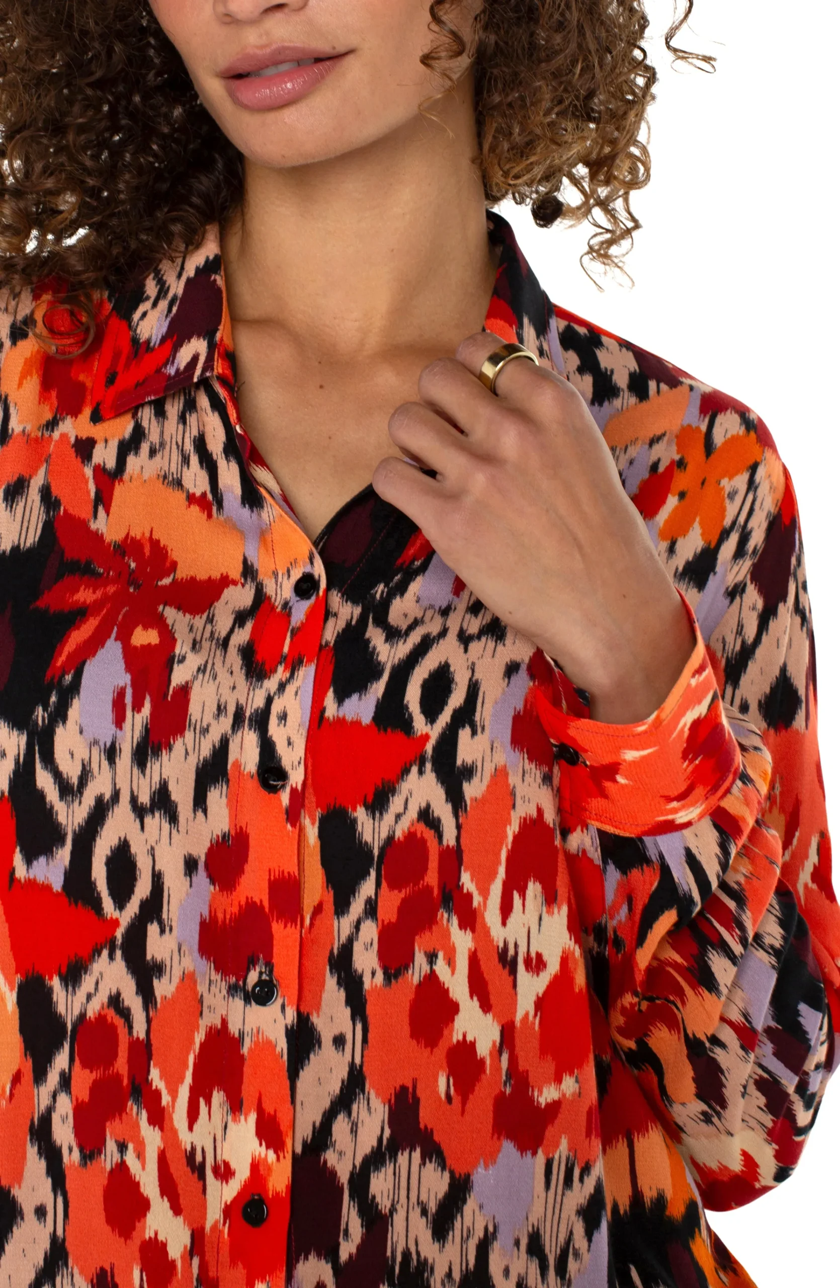 Liverpool Los Angeles Tops-LONG SLEEVE BUTTON UP WOVEN BLOUSE Burntorangefloral