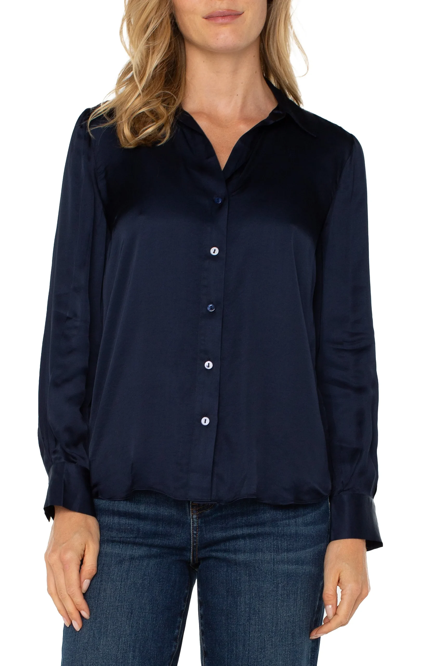 Liverpool Los Angeles Tops-LONG SLEEVE COLLARED BUTTON FRONT WOVEN BLOUSE Darknavy