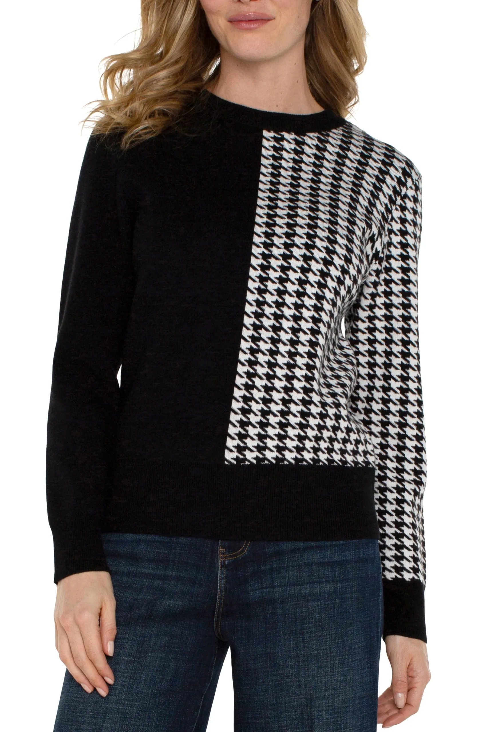 Liverpool Los Angeles Sweaters-LONG SLEEVE CREW NECK SWEATER Blackwhitehoundstooth
