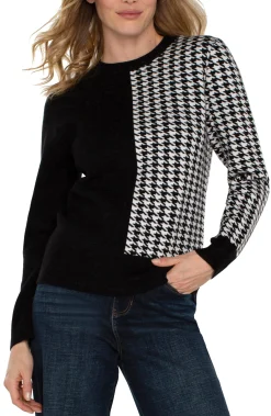 Liverpool Los Angeles Sweaters-LONG SLEEVE CREW NECK SWEATER Blackwhitehoundstooth