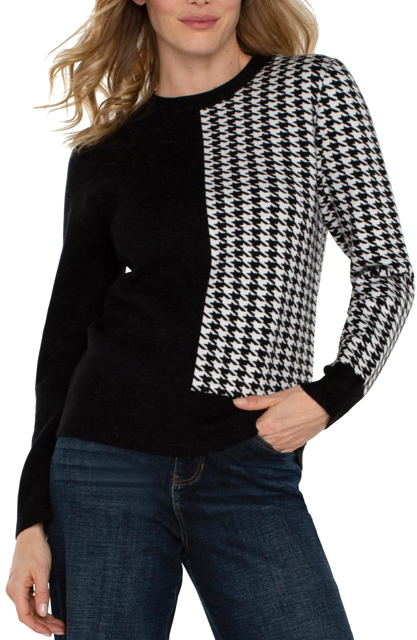 Liverpool Los Angeles Sweaters-LONG SLEEVE CREW NECK SWEATER Blackwhitehoundstooth