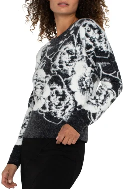 Liverpool Los Angeles Sweaters-LONG SLEEVE CREW NECK SWEATER Blackandwhitefloral