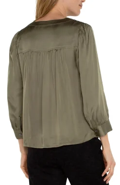 Liverpool Los Angeles Tops-LONG SLEEVE PLEATED NECK WOVEN BLOUSE Spanisholive