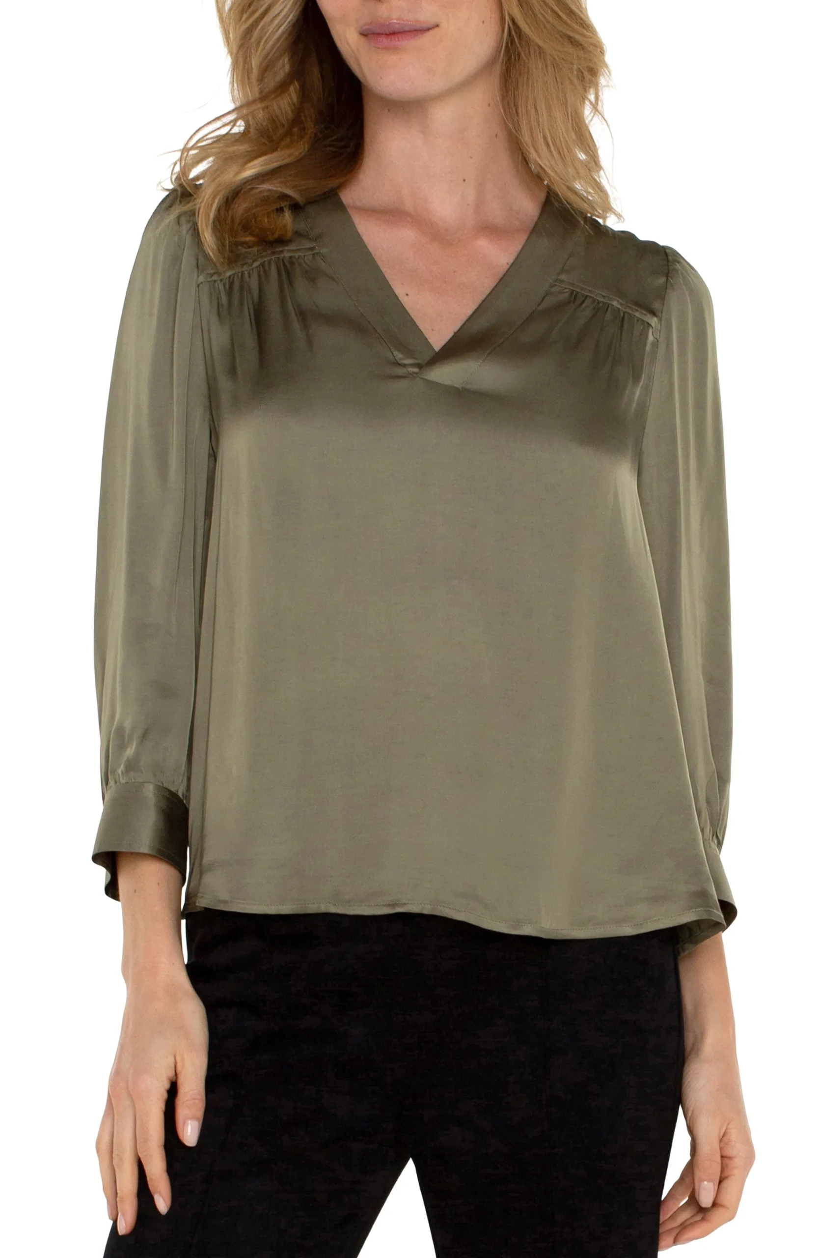 Liverpool Los Angeles Tops-LONG SLEEVE PLEATED NECK WOVEN BLOUSE Spanisholive