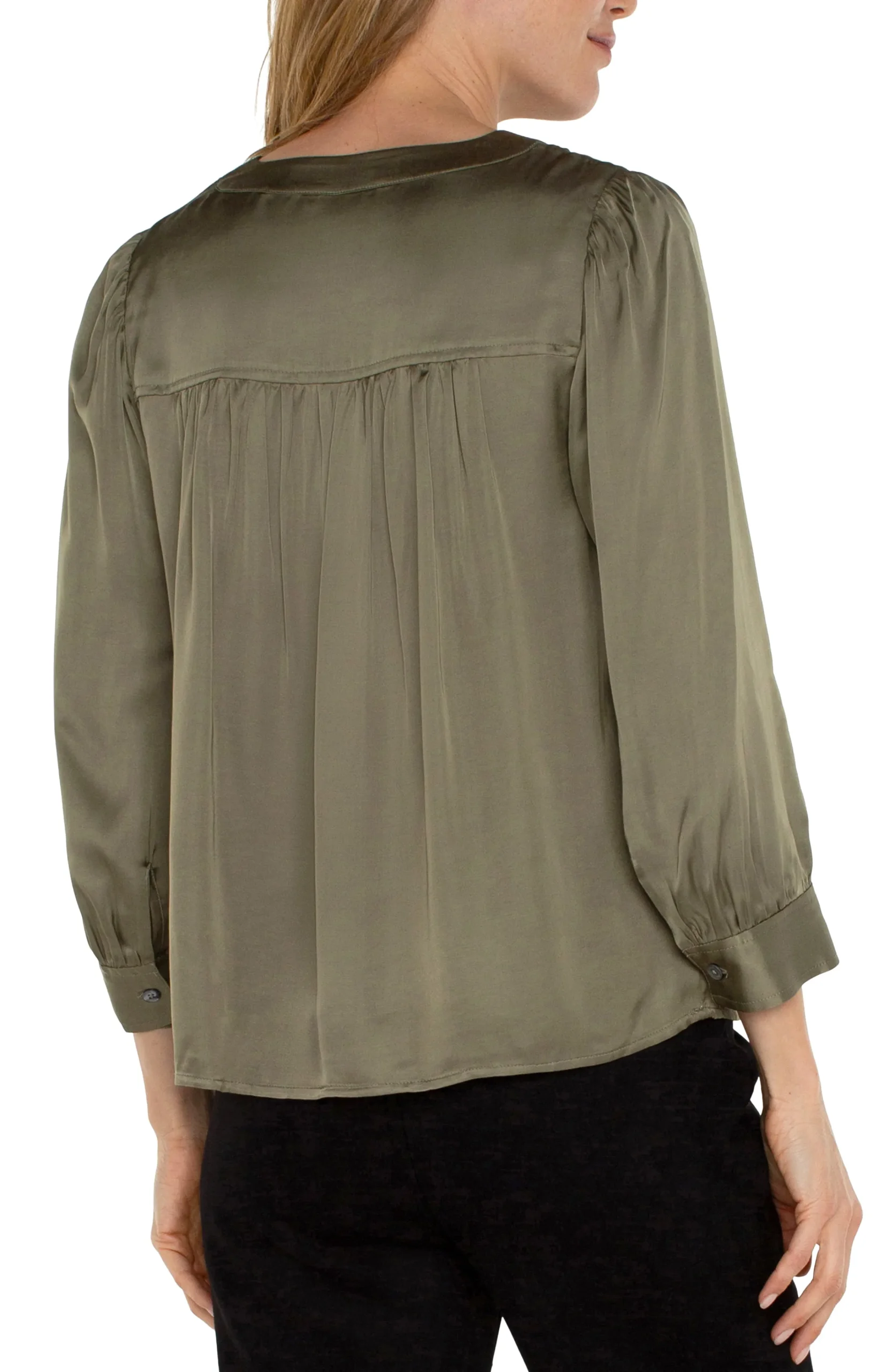 Liverpool Los Angeles Tops-LONG SLEEVE PLEATED NECK WOVEN BLOUSE Spanisholive