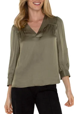 Liverpool Los Angeles Tops-LONG SLEEVE PLEATED NECK WOVEN BLOUSE Spanisholive