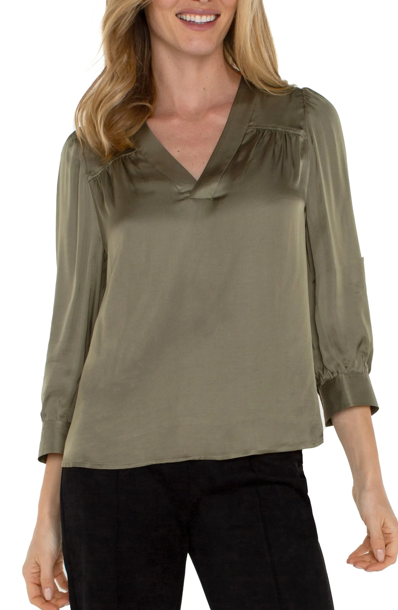 Liverpool Los Angeles Tops-LONG SLEEVE PLEATED NECK WOVEN BLOUSE Spanisholive