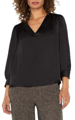 Liverpool Los Angeles Tops-LONG SLEEVE PLEATED NECK WOVEN BLOUSE Black