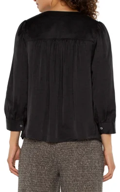 Liverpool Los Angeles Tops-LONG SLEEVE PLEATED NECK WOVEN BLOUSE Black
