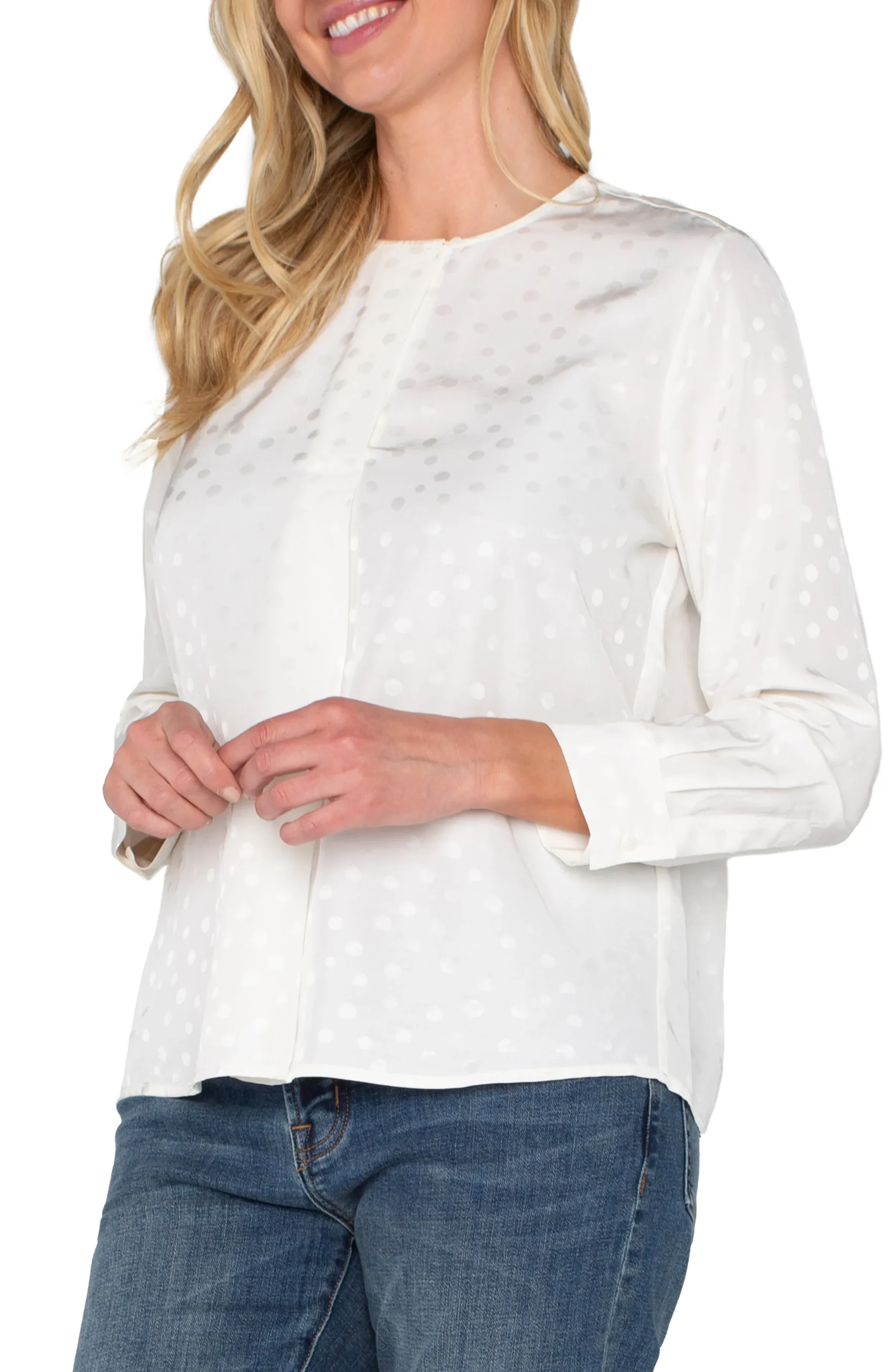 Liverpool Los Angeles Tops-LONG SLEEVE POPOVER WOVEN BLOUSE Porcelaindot