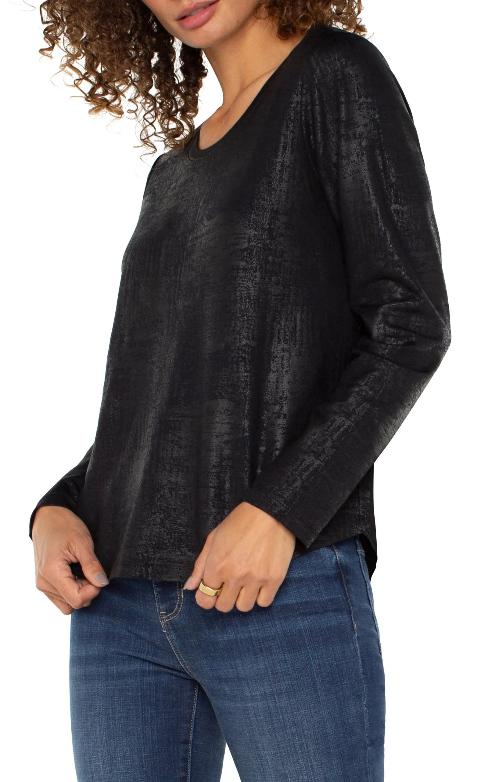 Liverpool Los Angeles Tees-LONG SLEEVE SCOOP NECK KNIT TOP Distressedblack