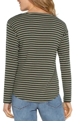 Liverpool Los Angeles Tees-LONG SLEEVE SCOOP NECK TOP Mossgreenstripe