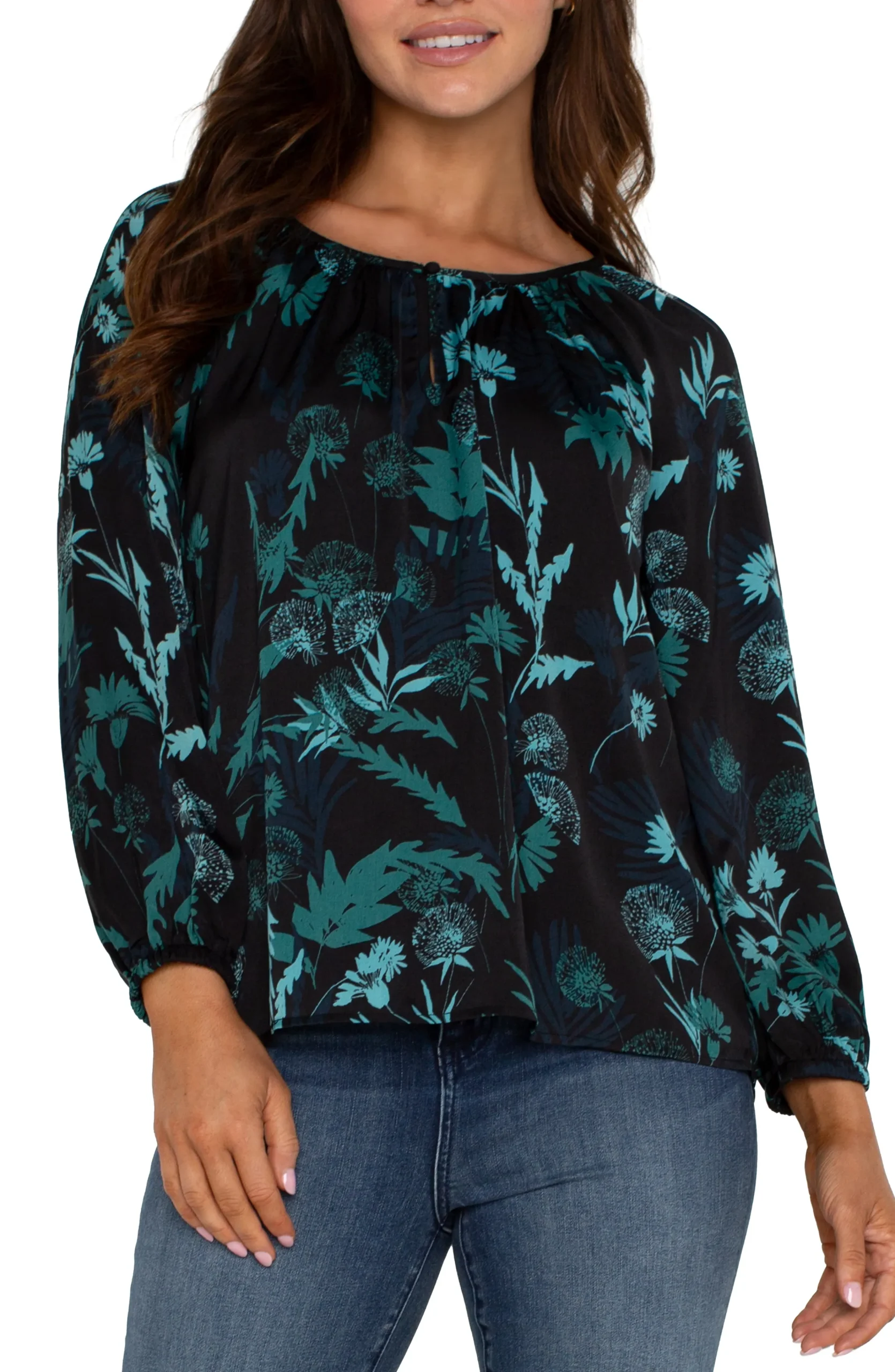 Liverpool Los Angeles Tops-LONG SLEEVE SHIRRED WOVEN BLOUSE Malachitefoliage