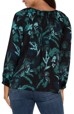 Liverpool Los Angeles Tops-LONG SLEEVE SHIRRED WOVEN BLOUSE Malachitefoliage