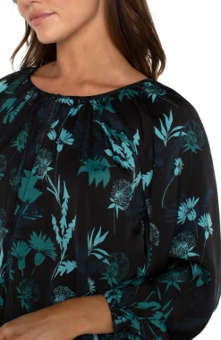 Liverpool Los Angeles Tops-LONG SLEEVE SHIRRED WOVEN BLOUSE Malachitefoliage