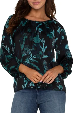 Liverpool Los Angeles Tops-LONG SLEEVE SHIRRED WOVEN BLOUSE Malachitefoliage