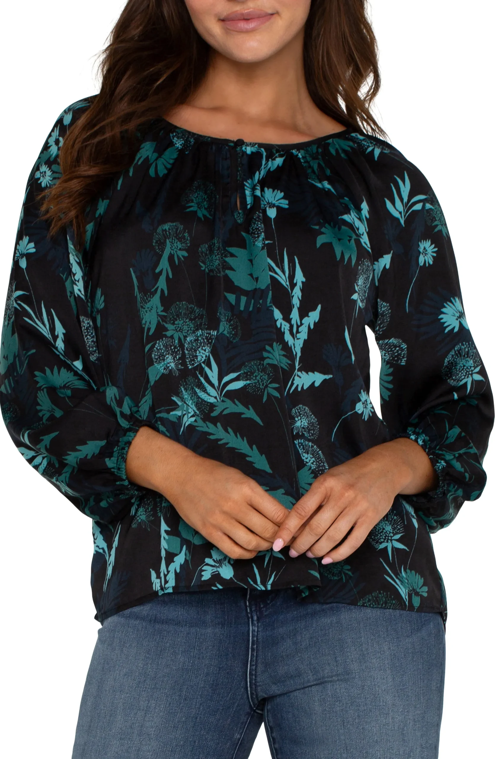 Liverpool Los Angeles Tops-LONG SLEEVE SHIRRED WOVEN BLOUSE Malachitefoliage