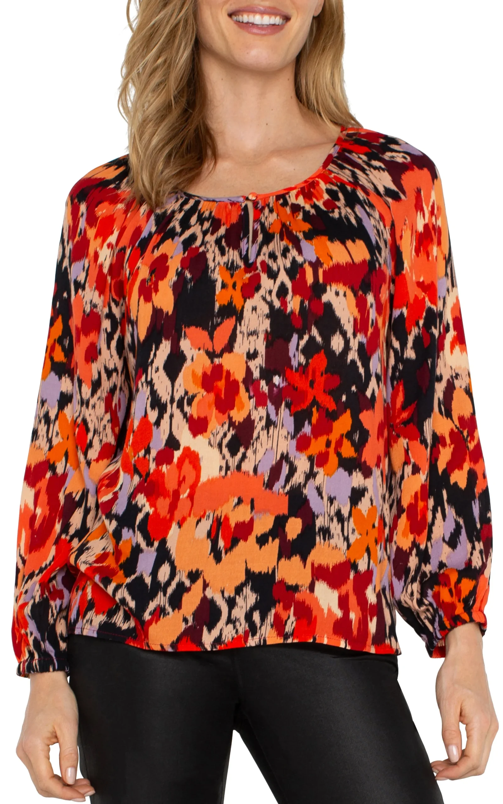 Liverpool Los Angeles Tops-LONG SLEEVE SHIRRED WOVEN BLOUSE Burntorangefloral