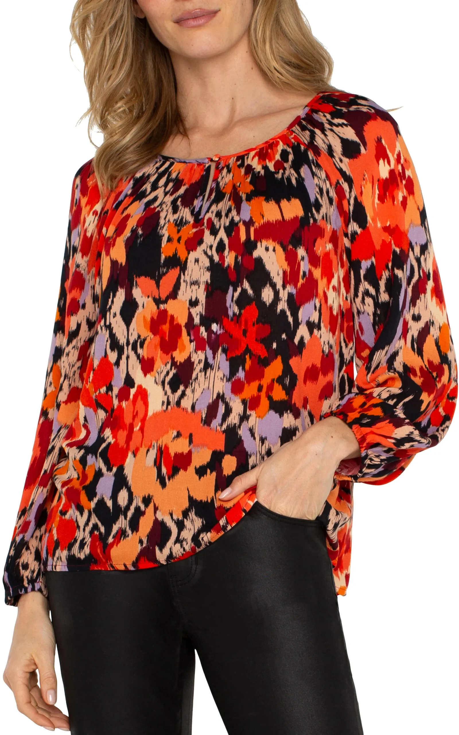 Liverpool Los Angeles Tops-LONG SLEEVE SHIRRED WOVEN BLOUSE Burntorangefloral