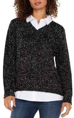 Liverpool Los Angeles Sweaters|Tees-LONG SLEEVE TWOFER COLLARED SWEATER Blackwithwhiteflecks