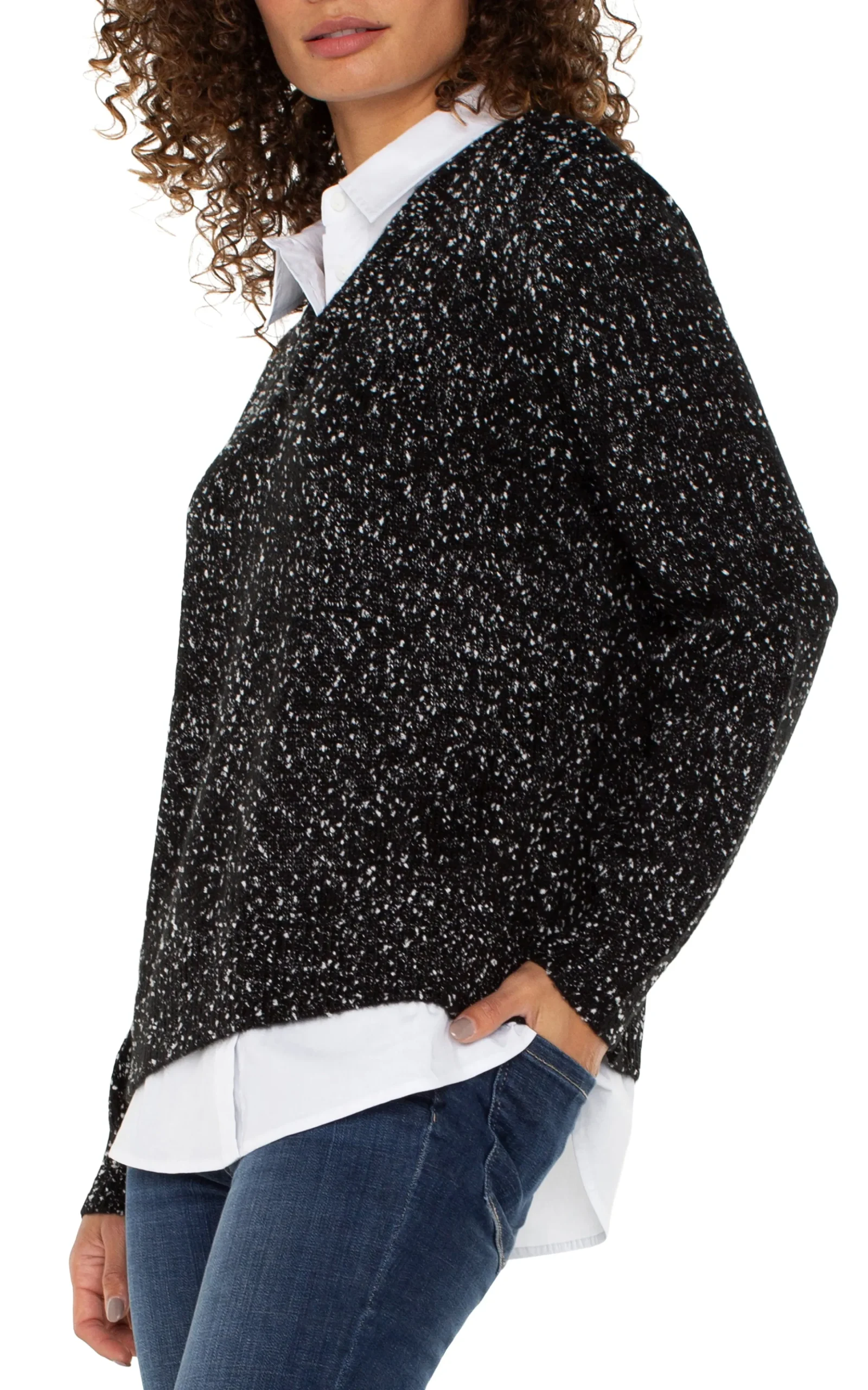 Liverpool Los Angeles Sweaters|Tees-LONG SLEEVE TWOFER COLLARED SWEATER Blackwithwhiteflecks
