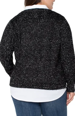 Liverpool Los Angeles Tops-LONG SLEEVE TWOFER COLLARED SWEATER Blackwithwhiteflecks