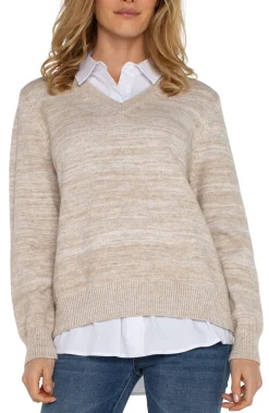Liverpool Los Angeles Sweaters-LONG SLEEVE TWOFER COLLARED SWEATER Lightoatmealmelange