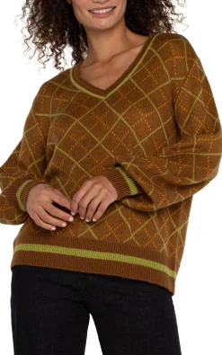Liverpool Los Angeles Sweaters|Tees-LONG SLEEVE V NECK SWEATER Caramelmulti