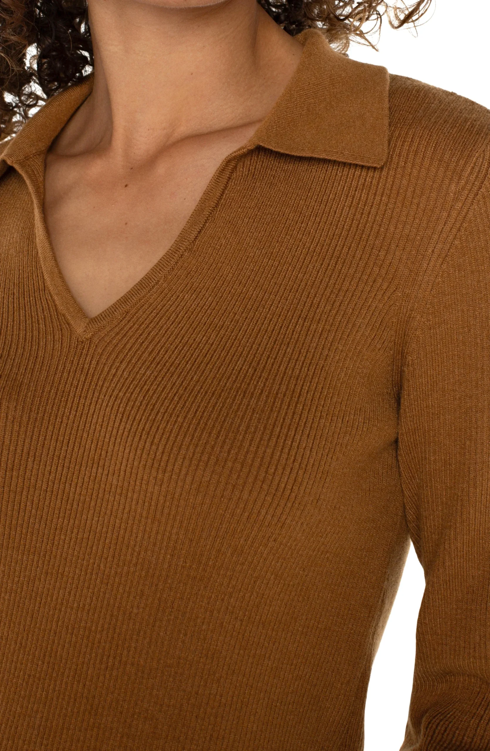 Liverpool Los Angeles Tees|Sweaters-LONG SLEEVE V-NECK COLLARED SWEATER Turmeric