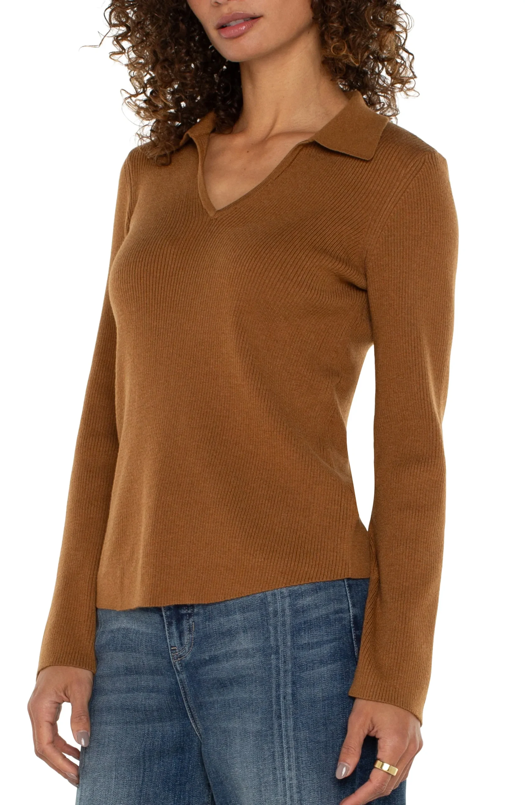 Liverpool Los Angeles Tees|Sweaters-LONG SLEEVE V-NECK COLLARED SWEATER Turmeric