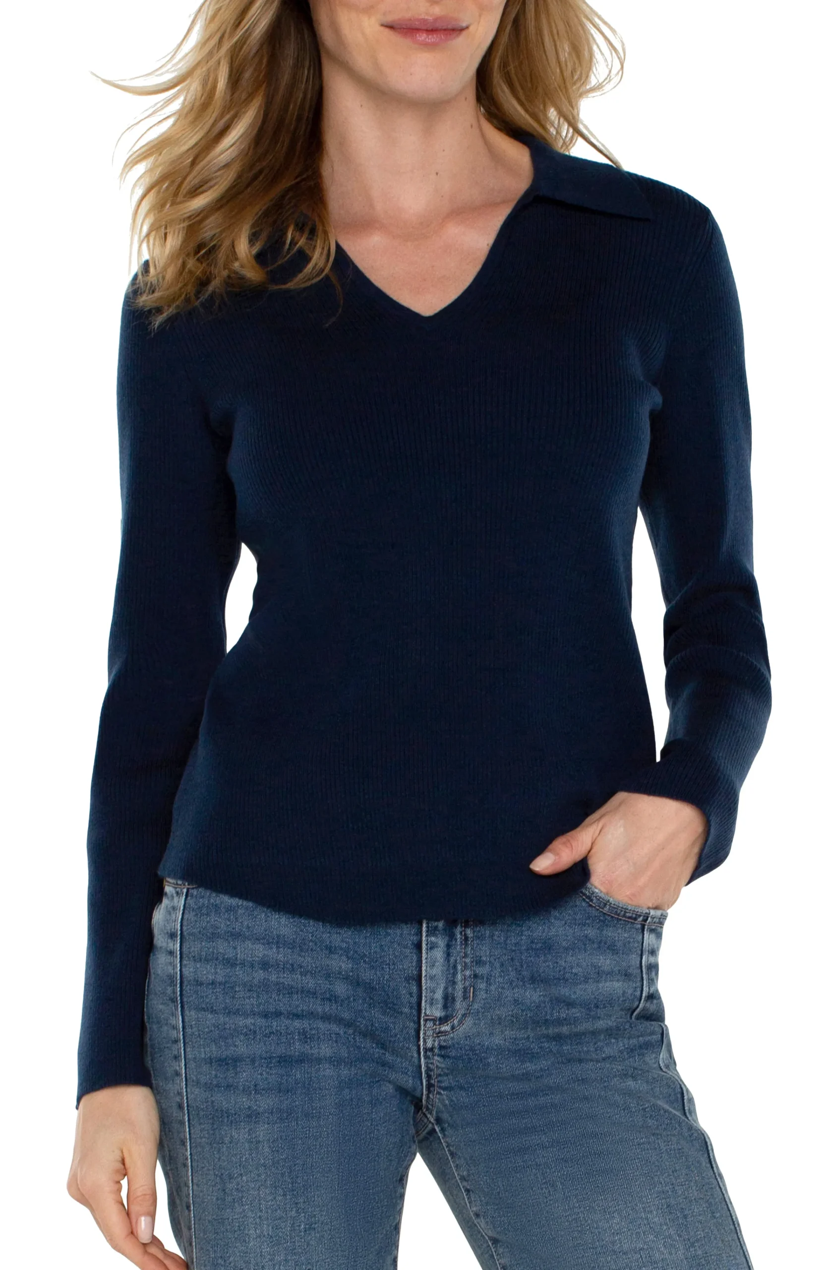 Liverpool Los Angeles Tees|Sweaters-LONG SLEEVE V-NECK COLLARED SWEATER Darknavy