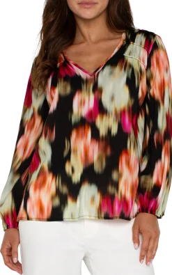 Liverpool Los Angeles Tops-LONG SLEEVE V-NECK SHIRRED WOVEN BLOUSE Starrubyfloral
