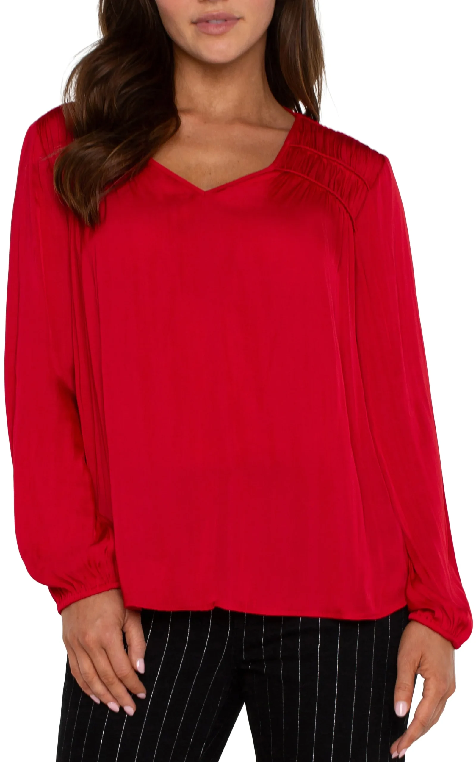 Liverpool Los Angeles Tops-LONG SLEEVE V-NECK WOVEN BLOUSE Tangored
