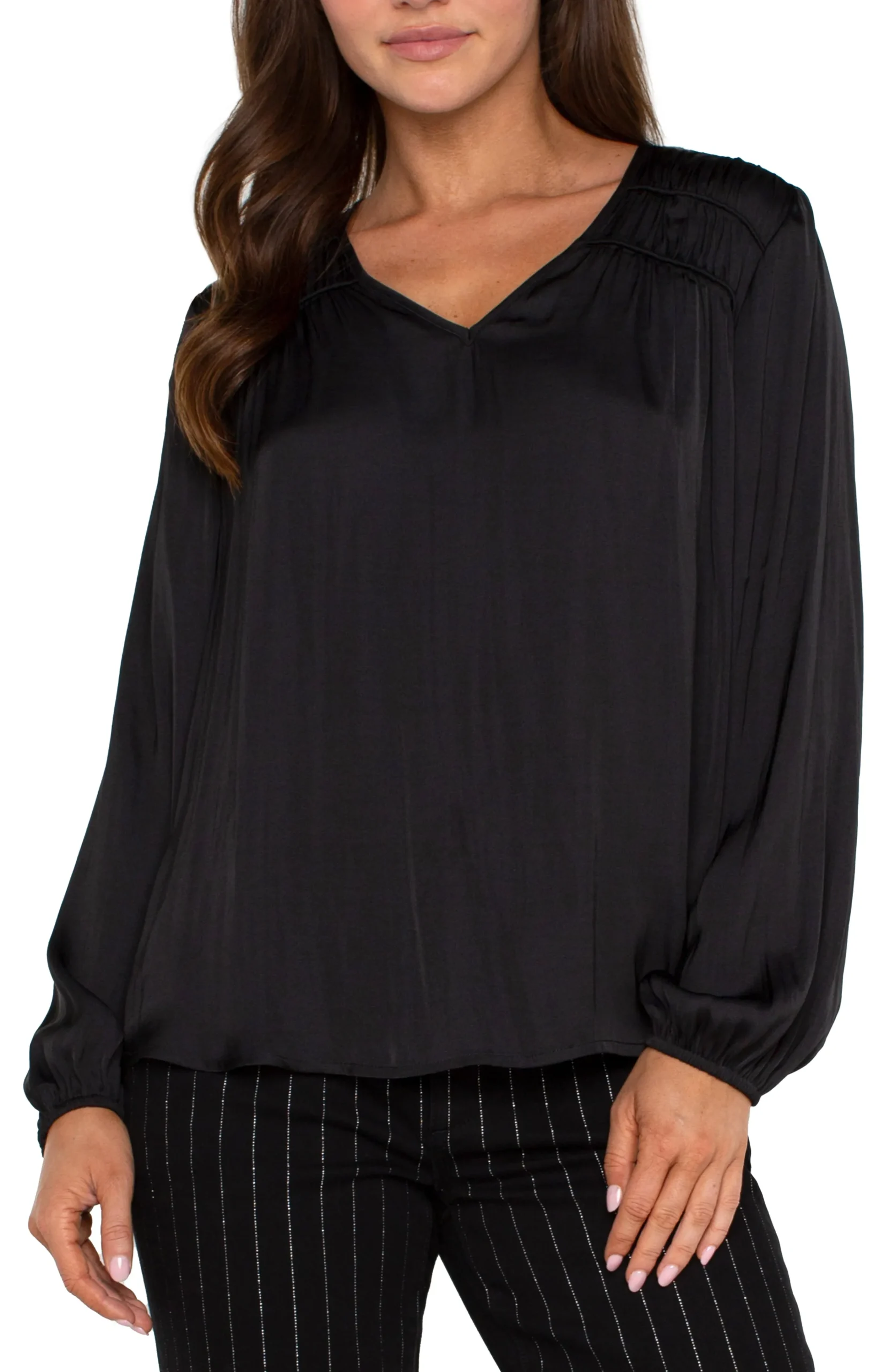 Liverpool Los Angeles Tops-LONG SLEEVE V-NECK WOVEN BLOUSE Black