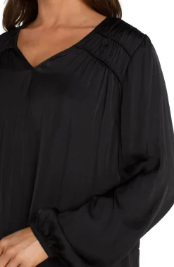 Liverpool Los Angeles Tops-LONG SLEEVE V-NECK WOVEN BLOUSE Black