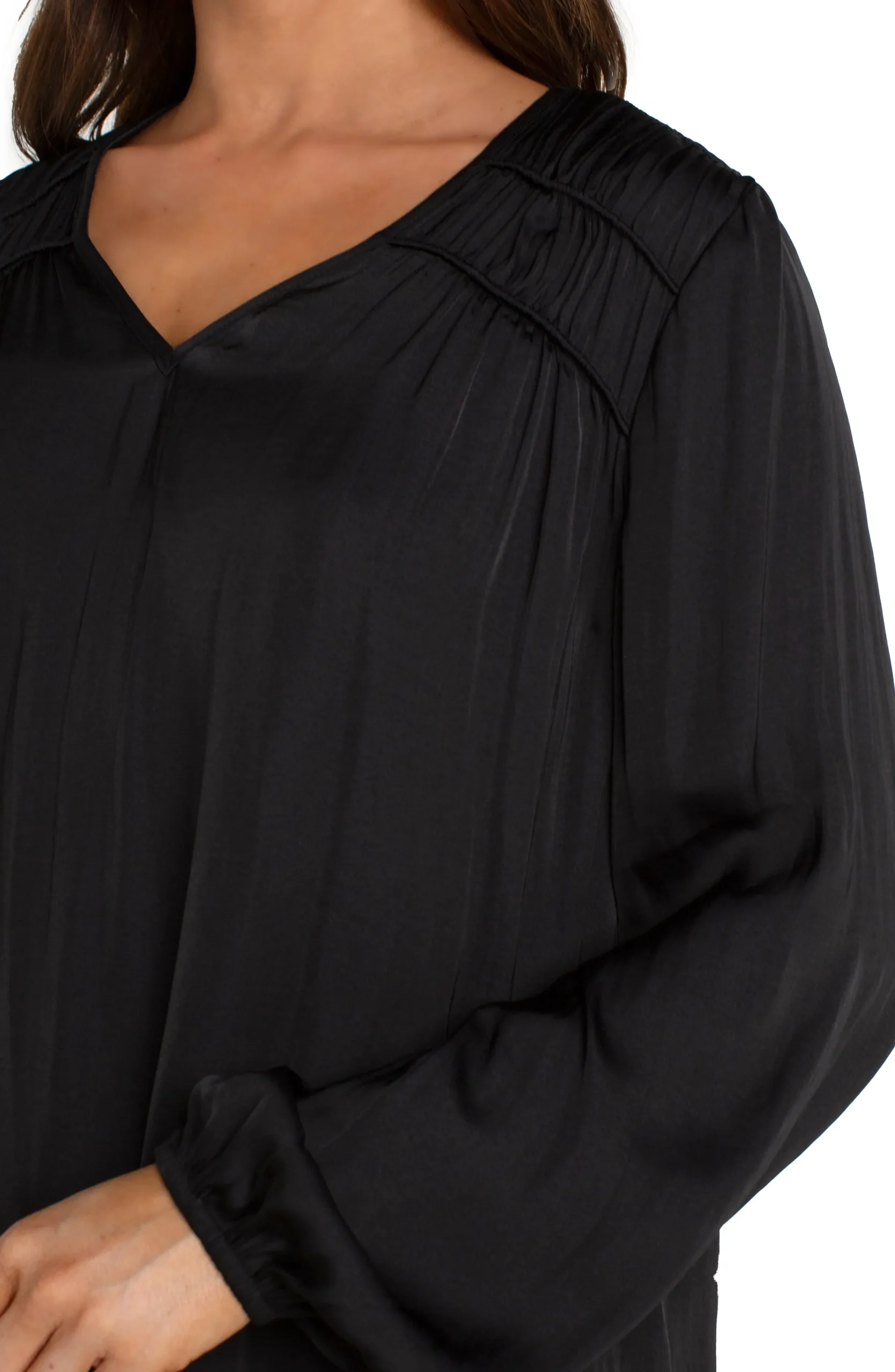 Liverpool Los Angeles Tops-LONG SLEEVE V-NECK WOVEN BLOUSE Black