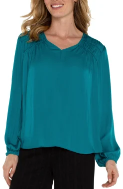 Liverpool Los Angeles Tops-LONG SLEEVE V-NECK WOVEN BLOUSE Malachite