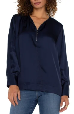 Liverpool Los Angeles Tops-LONG SLEEVE WOVEN TOP WITH ZIP FRONT Darknavy