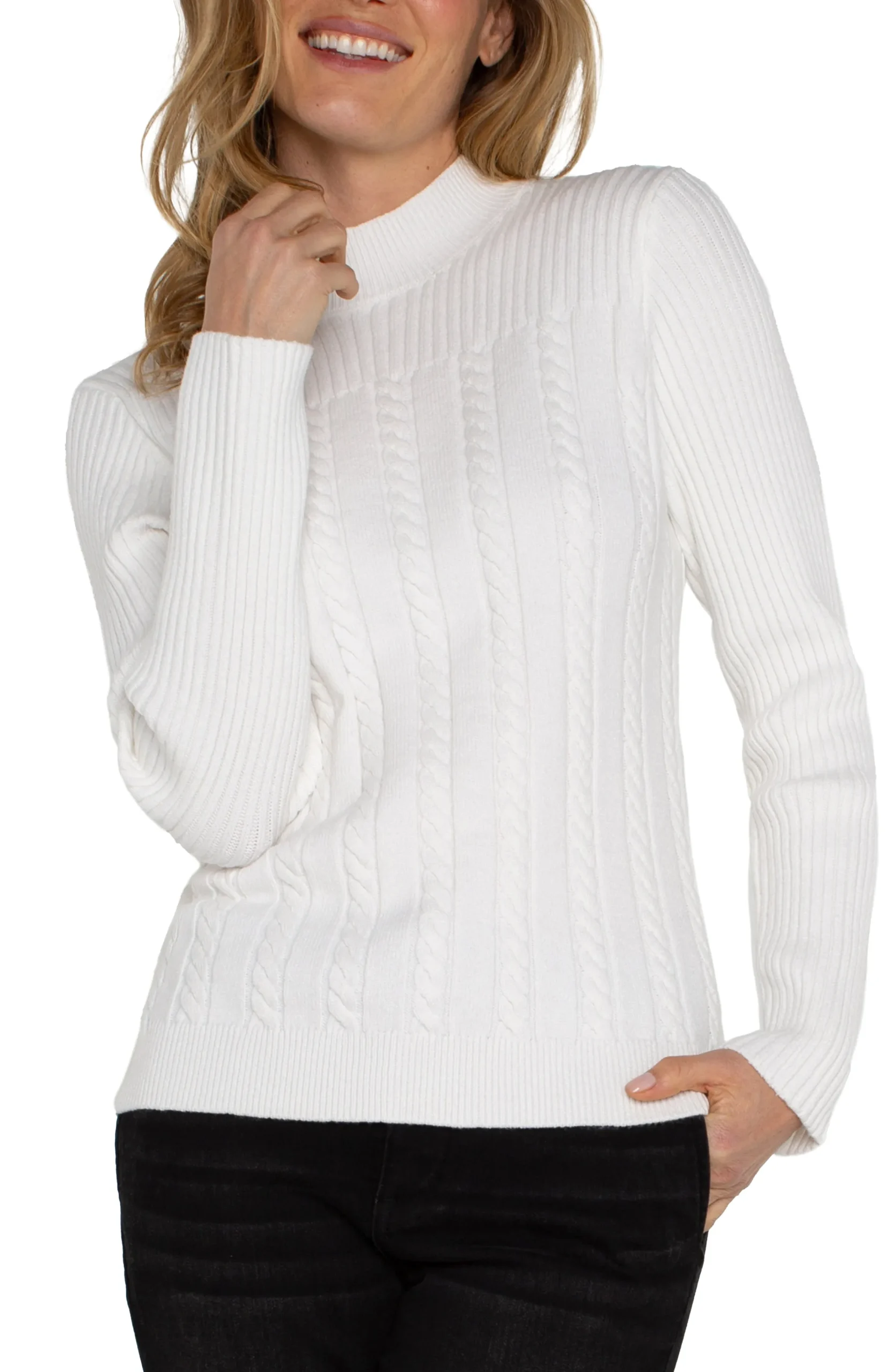 Liverpool Los Angeles Tees|Sweaters-MOCK NECK CABLE SWEATER Porcelain