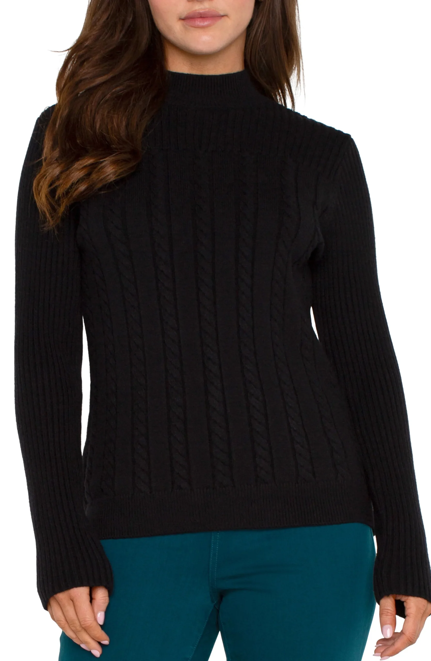 Liverpool Los Angeles Tees|Sweaters-MOCK NECK CABLE SWEATER Black