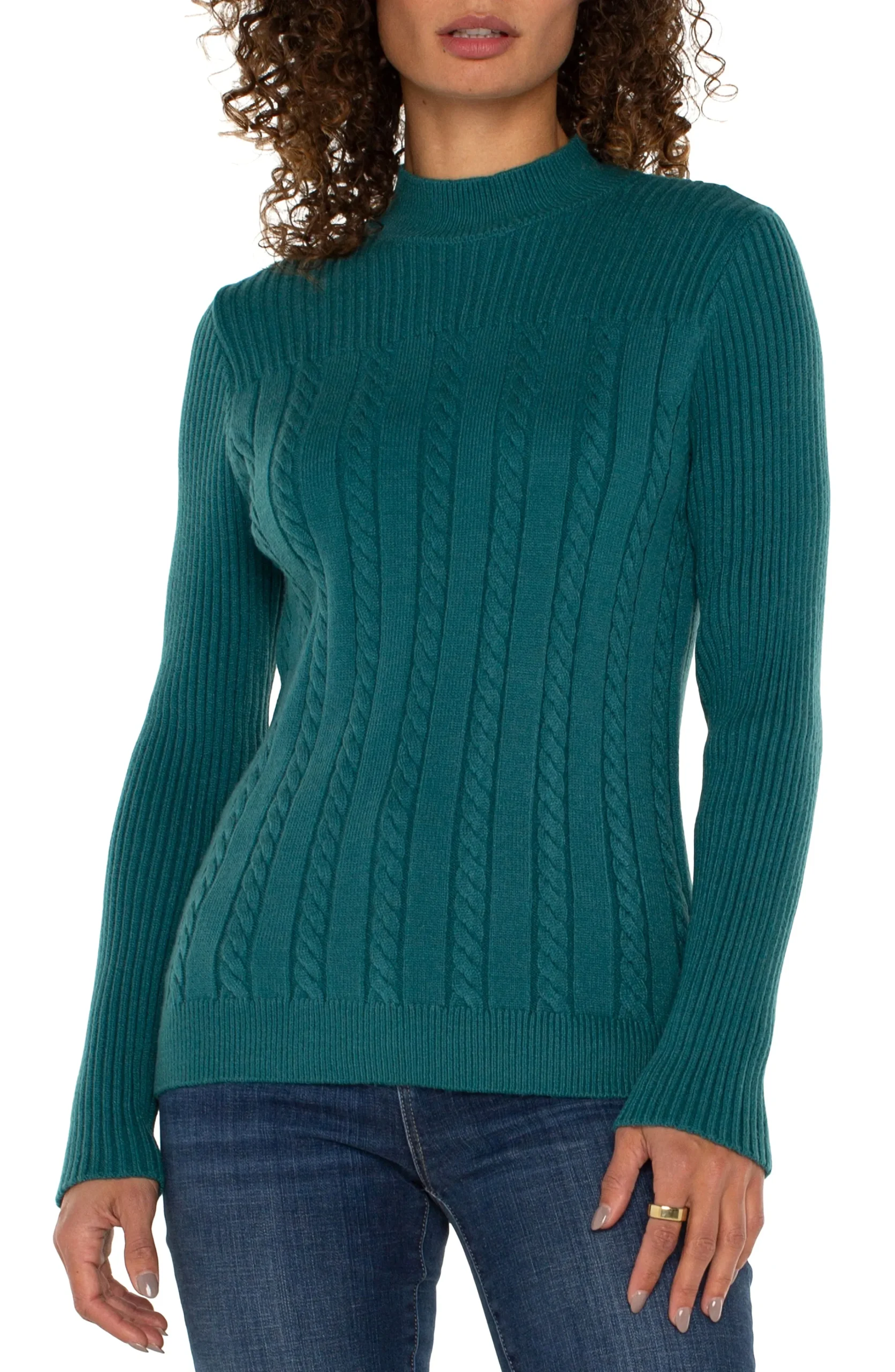 Liverpool Los Angeles Tees|Sweaters-MOCK NECK CABLE SWEATER Malachite