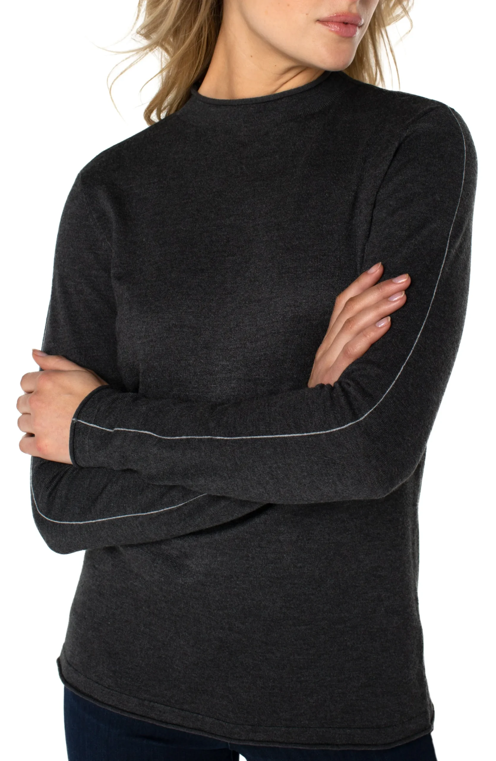 Liverpool Los Angeles Sweaters-MOCK NECK ROLLED HEM LONG SLEEVE SWEATER Charcoalgrey