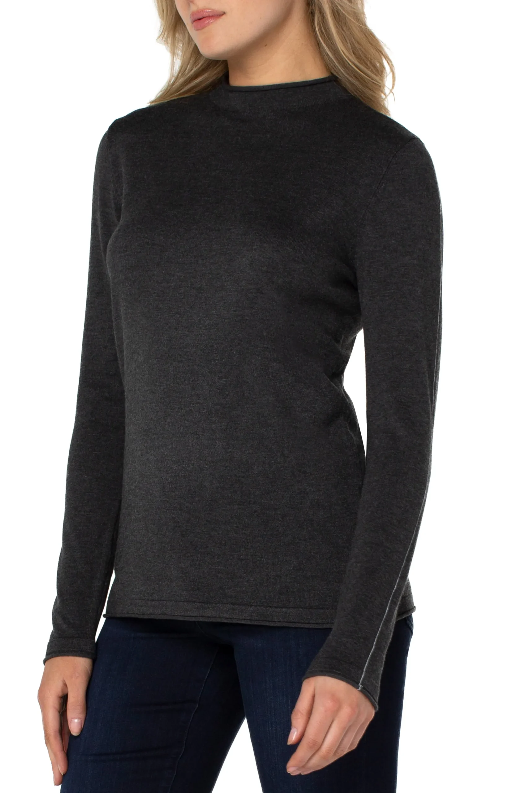 Liverpool Los Angeles Sweaters-MOCK NECK ROLLED HEM LONG SLEEVE SWEATER Charcoalgrey